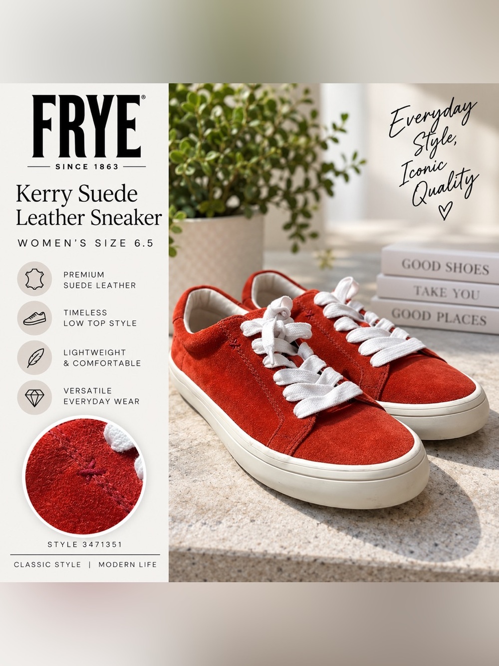 Frye Kerry Suede Leather Sneakers Women’s 6.5 Red Low Top Lace Up 3471351